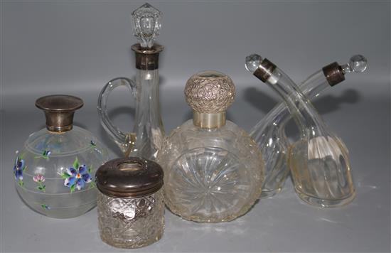 Silver topped scent bottle, one other scent bottle and 5 other items including oil bottle